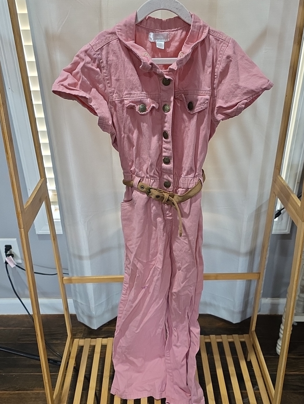 Nannette Pink Short-Sleeve Button Jumpsuit with Belt